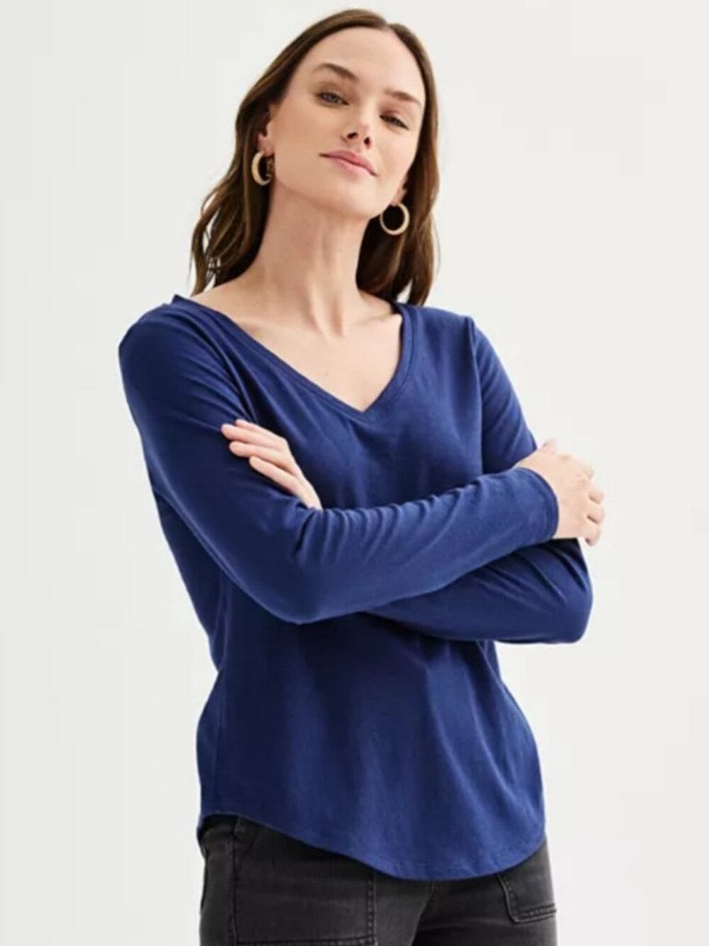Sonoma Women's Dark Blue Long Sleeved V-Neck Large T-Shirt Top Brand New NWT